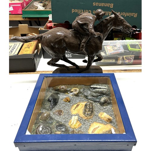 361 - A plaster figure of a race horse and rider, and a plaster diagram of various fossils, cased (2)Prove... 