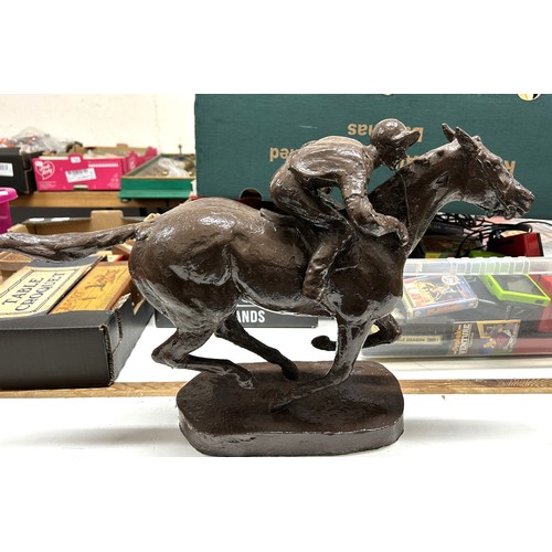 361 - A plaster figure of a race horse and rider, and a plaster diagram of various fossils, cased (2)Prove... 