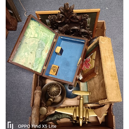 349 - A carved walnut shelf, a bronze pestle and mortar and assorted other items (box)