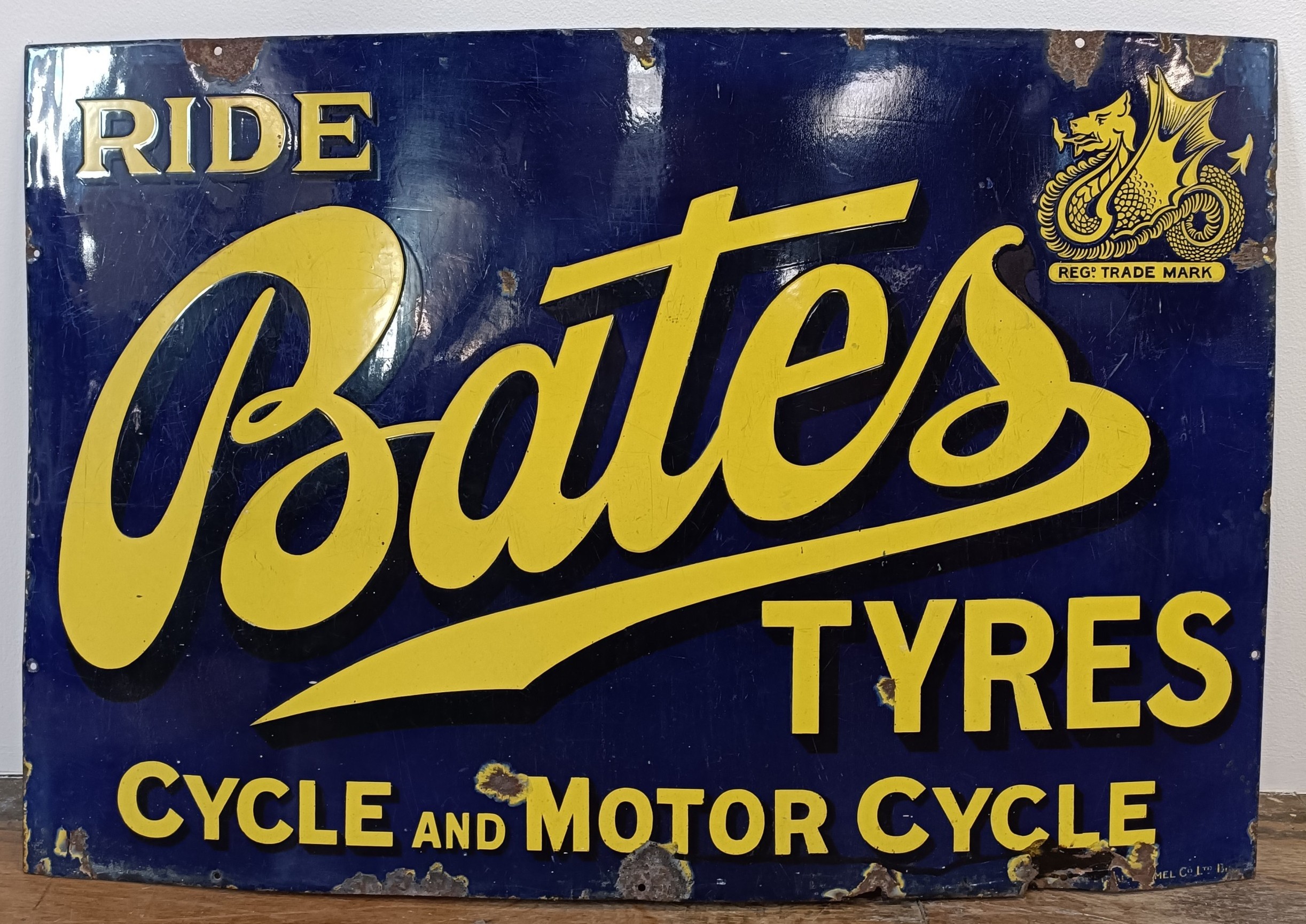 A Ride Bates Cycle and Motor Cycle Tyres enamel sign, 61.5 x 91 cm ...