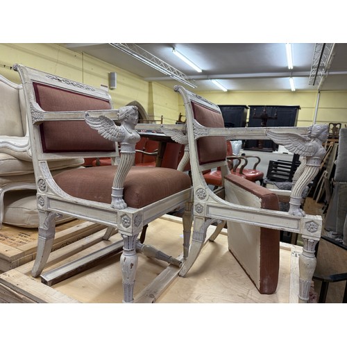 999 - A pair of Neo Classical style carved and painted armchairs, in the manner of Thomas Hope, sign of wo... 