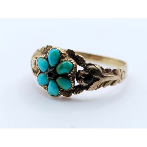 681 - A Victorian yellow coloured metal and turquoise ring, ring size L