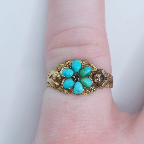 681 - A Victorian yellow coloured metal and turquoise ring, ring size L