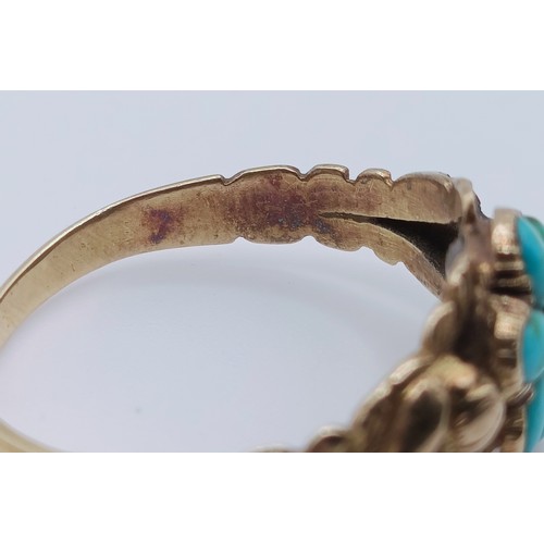 681 - A Victorian yellow coloured metal and turquoise ring, ring size L