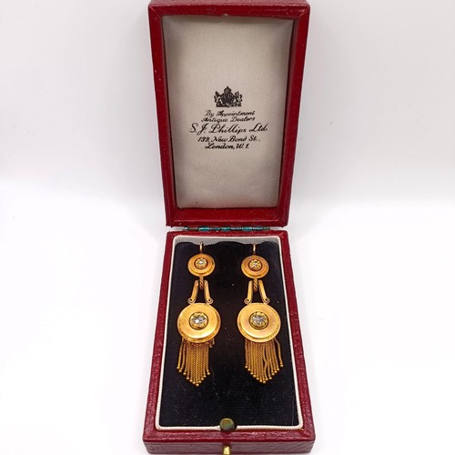 689 - A pair of Victorian yellow coloured metal Etruscan style pendant earrings, set diamonds and terminat... 