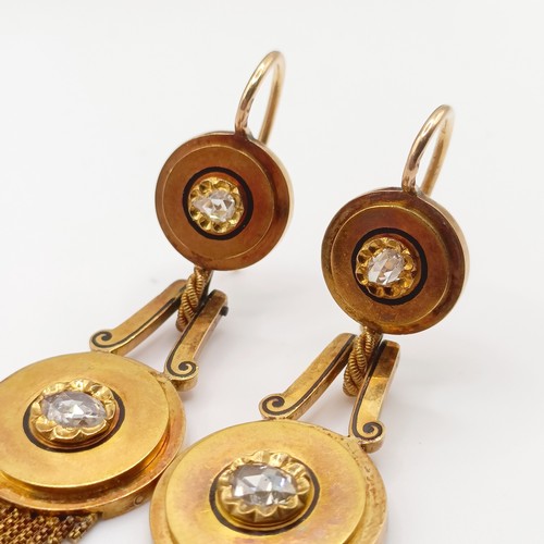 689 - A pair of Victorian yellow coloured metal Etruscan style pendant earrings, set diamonds and terminat... 