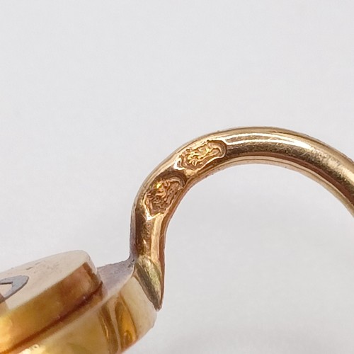 689 - A pair of Victorian yellow coloured metal Etruscan style pendant earrings, set diamonds and terminat... 