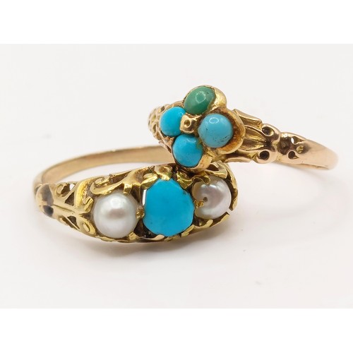 665 - A 15ct gold and turquoise ring, ring size Q, and a 15ct turquoise and cultured pearl ring, ring size... 