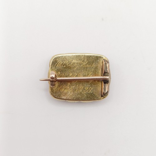 704 - A 19th century yellow coloured metal and cultured pearl memorial brooch, dated 1835