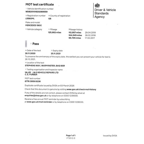 1993 Mercedes-Benz 190E AutoRegistration number L556 OMLChassis number ...