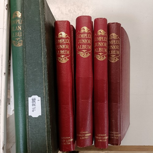 Assorted world stamps, in four Simplex Junior albums, and two other ...