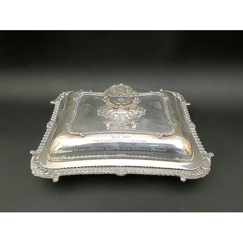 1 - A George III silver presentation entree dish and cover, crested and engraved an armorial, engraved '... 