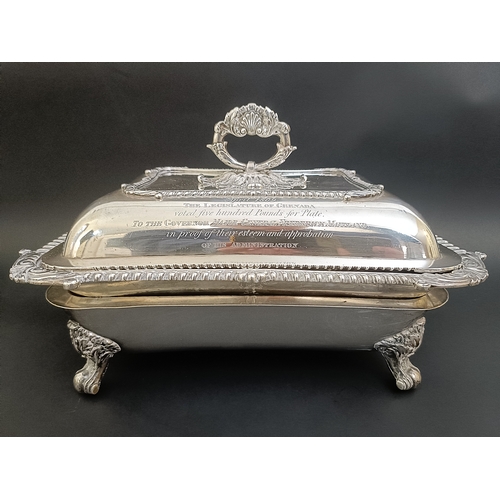 1 - A George III silver presentation entree dish and cover, crested and engraved an armorial, engraved '... 