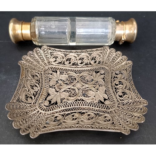 15 - A silver coloured metal filigree rectangular dish, 10 cm wide, and a 19th century gilt metal double ... 