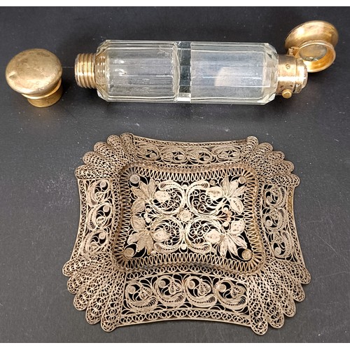 15 - A silver coloured metal filigree rectangular dish, 10 cm wide, and a 19th century gilt metal double ... 