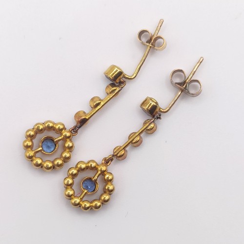 466 - A pair of yellow coloured metal, seed pearl and aquamarine drop earrings