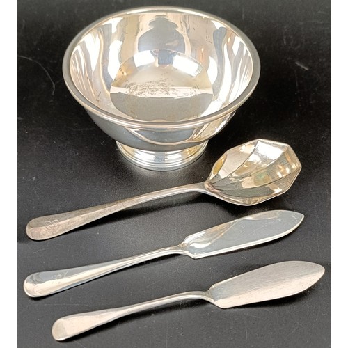 36 - A silver sugar bowl, a serving spoon, and two butter knives, 4.2 ozt