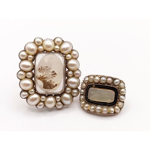 417 - A 19th century yellow coloured metal, moss agate and seed pearl memorial brooch, engraved Susan Elea... 