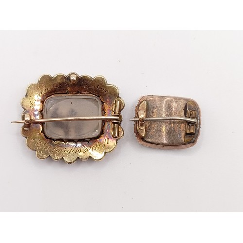 417 - A 19th century yellow coloured metal, moss agate and seed pearl memorial brooch, engraved Susan Elea... 
