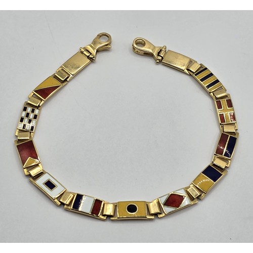 408 - An 18ct gold and enamel bracelet, decorated nautical flags, 11.1 g