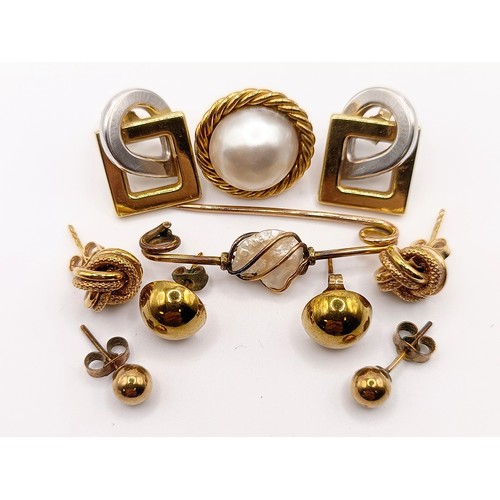 414 - ***Regretfully Withdrawn*** A yellow coloured metal and pearl bar brooch, four pairs of stud earring... 