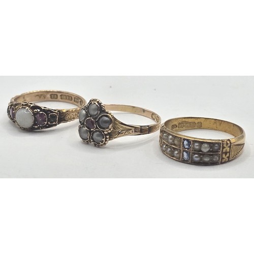 474 - An early 20th century 15ct gold, ruby and opal ring, ring size L, an early 20th century seed pearl a... 