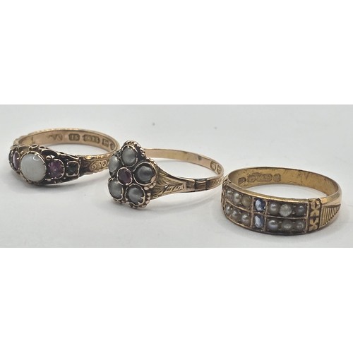 474 - An early 20th century 15ct gold, ruby and opal ring, ring size L, an early 20th century seed pearl a... 