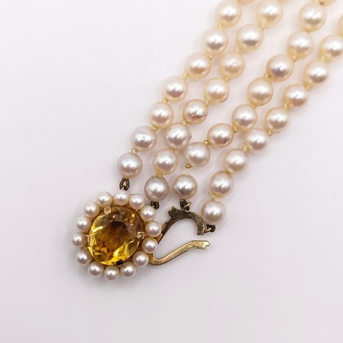 435 - A cultured pearl double necklace, with a 9ct gold and citrine clasp