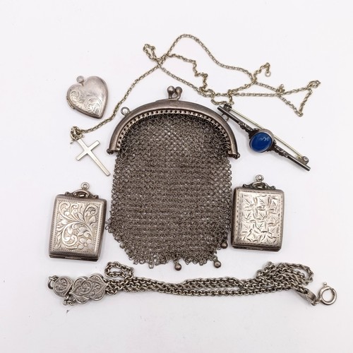 529 - A silver stamp box, another, a silver purse, and assorted silver jewellery, 61 g all in