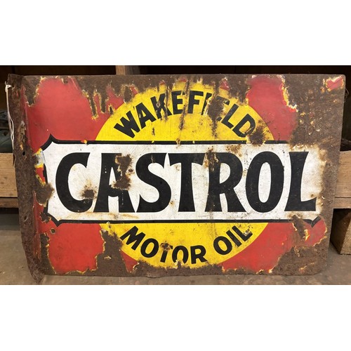 A flanged double sided enamel sign, Castrol Wakefield Motor Oil, 34 x 51 cm