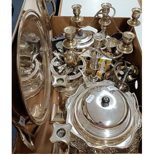 325 - A pair of Elkington silver plated tureens and covers, a two handled tea tray, bottle coasters and ot...