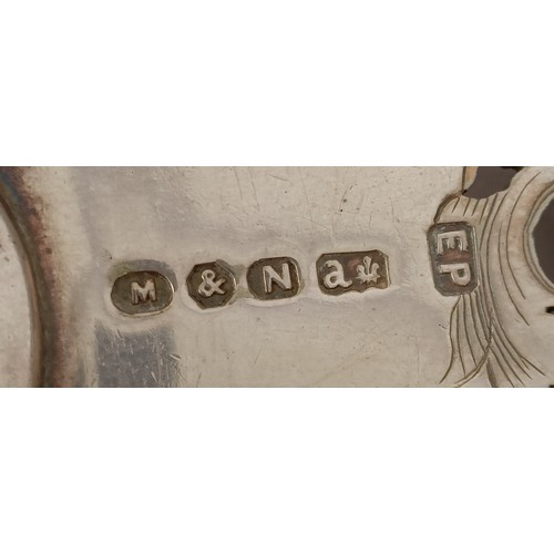 309 - A good pair of late Victorian silver plated fish servers, the knife engraved a fisherman in the wate...