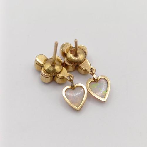 627 - A pair of 18ct gold and opal cluster earrings, with heart shaped terminals