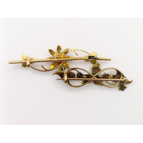 633 - A 15ct gold and seed pearl bar brooch, 2.9 g all in, and another similar (2)