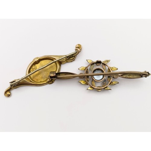 636 - A 9ct gold bar brooch, decorated a bird, 2.3 g all in, and another brooch (2)