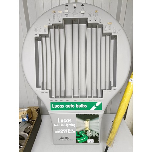20 - A Lucas auto bulbs garage dispenser, 86 cm high, and a Renault branded umbrella, appears unused (2)