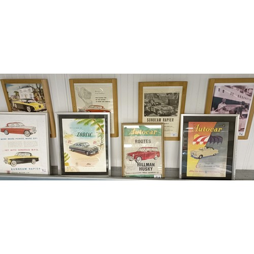 31 - A group of twenty one motoring adverts and ephemera, including The Motor and Autocar (all framed) (2... 