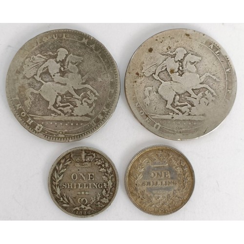 247 - A George III crown, 1820, another crown, a shilling, 1875, and other assorted coins...