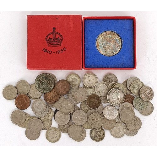 247 - A George III crown, 1820, another crown, a shilling, 1875, and other assorted coins...