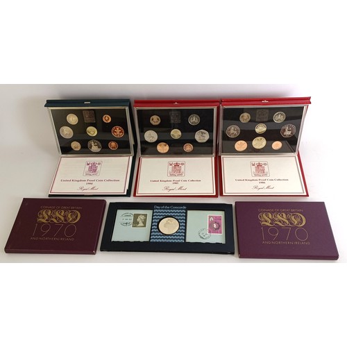 260 - Four year proof coin sets, 1970 (2), 1984, 1985, 1986, a Day of the Concorde commemorative medallion...