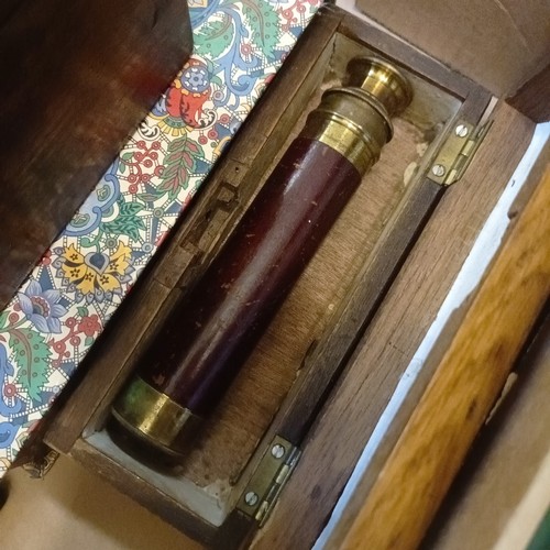 223 - Assorted stamps, loose and in albums, a three draw telescope, boxes and items (box)...