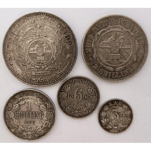 256 - Five South Africa silver Kruger coins, half crown to 3d, 1897-1893...