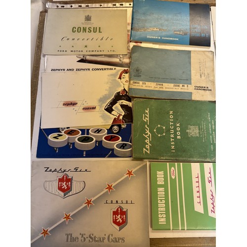 10 - A group of car brochures, booklets and ephemera, including Ford Zephyr Zodiac, Zephyr Six, Consul an... 
