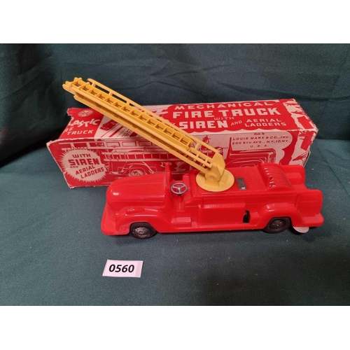 1038 - Louis Marx Mechanical Fire Truck With Siren And Aerial Ladders Circa 1949 Vintage Plastic Model Car ... 