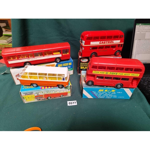 1044 - 4 Vintage Plastic Bus Toys Comprising Of NFIC Plastic Model No.3107 