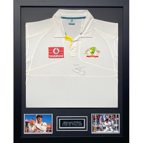 1584 - Steve Waugh Signed And Framed Australis Cricket Shirt Certificate of Authenticity