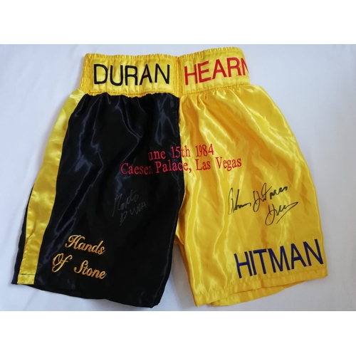 1605 - Roberto Duran And Thomas Hearns Dual Signed Shorts Certificate of Authenticity