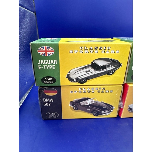 135 - 4 x Atlas additions, classic sports cars, 1 jaguar E-type one Aston, Martin, DB51BMW 507, and Fiat 1... 