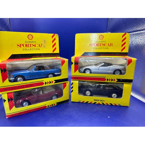 147 - 4 x Classic Sports Car Collection by Shell Garage. BMW Z1, BMW850I, Mercedes-Benz 500 SL, Mercedes-B... 