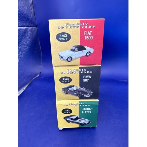 177 - Atlas classic sports cars Scale 1:43, Italian Fiat 1500, German BMW,507, and British Jaguar E-type